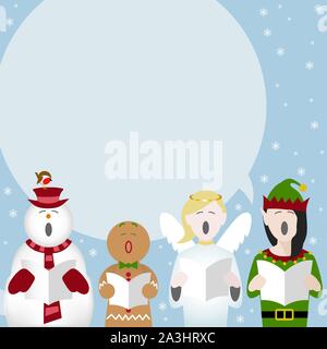 a snowman, gingerbread man, angel and elf singing Christmas carols with room for text Stock Vector