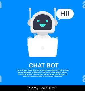 Chat Bot Using Laptop Computer, Robot Virtual Assistance Of Website Or Mobile Applications. Voice support service bot. Online support bot. Vector stoc Stock Vector