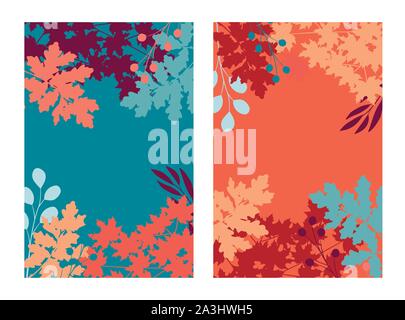 Vector set of vibrant hand drawn autumn tree leaves backgrounds with negative space - banners, posters, cover design templates Stock Vector