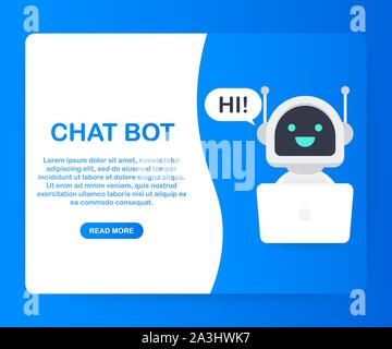 Chat Bot Using Laptop Computer, Robot Virtual Assistance Of Website Or Mobile Applications. Voice support service bot. Online support bot. Vector stoc Stock Vector