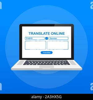 Language translation color icon. Online translator. Spell check. Computer screen with text translating app. Vector stock illustration. Stock Vector