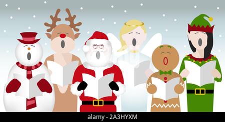 choir consisting of a snowman, father Christmas, gingerbread man, reindeer, elf and fairy characters singing Christmas carols in the snow Stock Vector