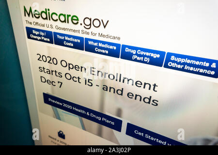 The medicare.gov website on Tuesday, October 8, 2019, assisting consumers in obtaining health insurance, informs consumers that the 2020 open enrollment period starts on October 15 and ends on December 7.  (© Richard B. Levine) Stock Photo