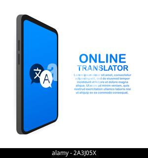 Online translator concept isometric vector illustration. Smartphone with flags of different states and world map on the screen concept translator app. Stock Vector