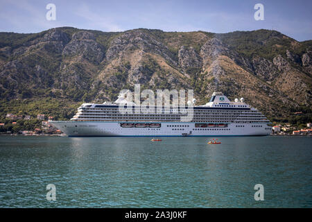 Montenegro, Sep 16, 2019: Cruise ship CRYSTAL SERENITY anchored in the Bay of Kotor Stock Photo