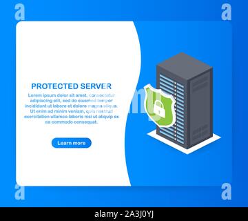 Protected server. Isometric database protection concept. Server room rack, database security, shield server unit, computing digital technology. Vector Stock Vector