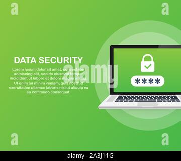 Computer security concept. Laptop with shield and lock on table. Flat vector stock illustration. Stock Vector