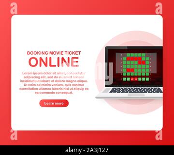 Online movie ticket booking concept by laptop app on red background. Vector stock illustration. Stock Vector