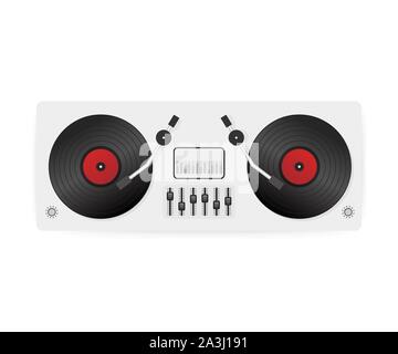 DJ playing vinyl. Top view. DJ Interface workspace mixer console turntables. Vector stock illustration. Stock Vector