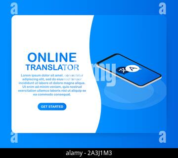 Online translator concept isometric vector illustration. Smartphone with flags of different states and world map on the screen concept translator app. Stock Vector