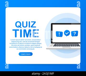 Quiz time. Quiz online on laptop. The concept is the question with the answer. Vector stock illustration. Stock Vector