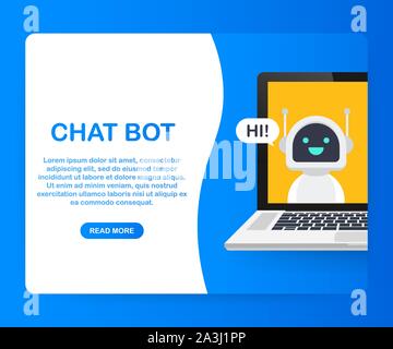 Chat Bot Using Laptop Computer, Robot Virtual Assistance Of Website Or Mobile Applications. Voice support service bot. Online support bot. Vector stoc Stock Vector