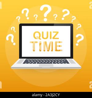 Quiz time. Quiz online on laptop. The concept is the question with the answer. Test, survey, exam vector concept. Vector stock illustration. Stock Vector