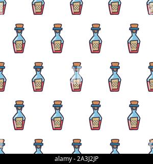 Vintage seamless pattern with red poison bottle for wallpaper design, fabric, wrapping paper. Halloween party. Hand drawn vector doodle chemistry. Stock Vector