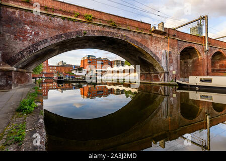 The Castlefield Bowl is an outdoor events pavilion in the inner city conservation area of Castlefield in Manchester in North West England. Stock Photo