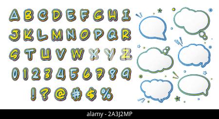 Comics font, kid's alphabet in style of pop art. Multilayer yellow-blue letters with halftone effect and set of speech bubbles for decoration of child Stock Vector