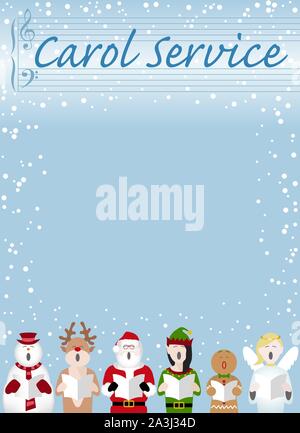 Christmas carol service poster design with a snowman, father Christmas, gingerbread man, reindeer, elf and fairy characters singing in the snow. Vecto Stock Vector