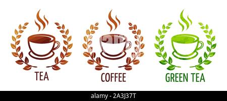 Coffee and tea cups vector symbols on white background. Logo coffee cup with coffee wreath. Logo green tea cup with wreath leaves. Logo black tea cup Stock Vector