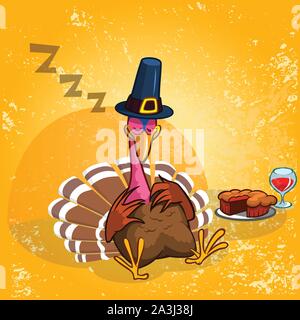 Sleeping turkey after good meal with pie and glass of red vine. Thanksgiving illustration of cartoon turkey isolated on orange background Stock Vector