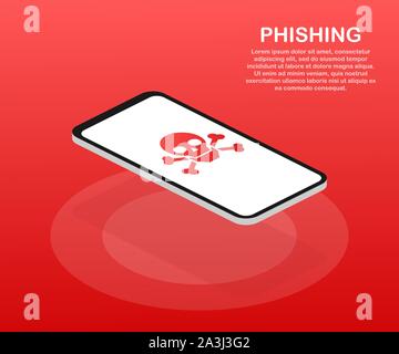 Phishing via internet isometric vector concept illustration. Email spoofing or fishing messages. Hacking credit card or personal information website. Stock Vector
