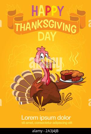 Thanksgiving turkey in pilgrim hat serving hot pumpkin pie. Vector cartoon invitation for party Stock Vector