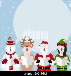 a snowman, reindeer, father christmas and elf singing Christmas carols with room for text Stock Vector