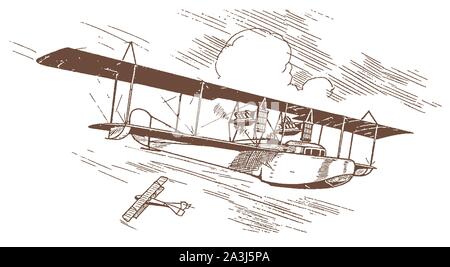 Historical aerial mail service biplane flying boat. Illustration after a lithography from the early 20th century Stock Vector
