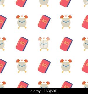 Modern hand drawn seamless pattern with alarm and notebook. Abstract concept graphic vector element. Stock Vector
