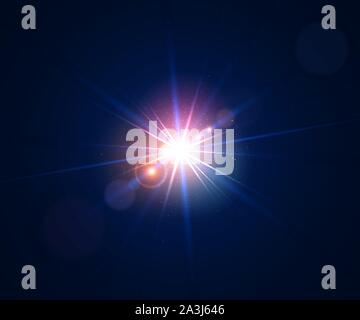 Glowing light effect. Lens flare with bokeh, glitter particles and rays. Sparkling glare of bright flash with colorful twinkle. Shining abstract backg Stock Vector