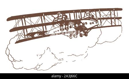 Historical propeller-driven triplane airliner flying in front of large cumulus clouds. Illustration after a lithography from the early 20th century Stock Vector