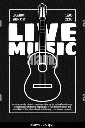 Music festival show poster or invitation flyer design template. Acoustic classic guitar on black background. Live musical party concert. Fest event vector illustration A3 A4 size Stock Vector