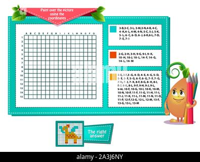 educational game for kids and adults development of logic, iq. Task game paint over the picture using the coordinates Stock Vector