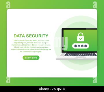 Computer security concept. Laptop with shield and lock on table. Flat vector stock illustration. Stock Vector