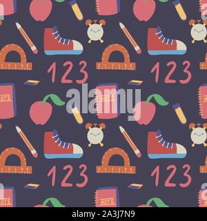 School, education seamless pattern on dark blue background. Shoes, apple, alarm clock, chemistry etc graphic elements. Modern wallpaper education backgdrop design. Vector hand drawn illustration. Stock Vector