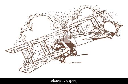 Historical two-seater biplane flying towards large clouds. Illustration after a lithography from the early 20th century Stock Vector