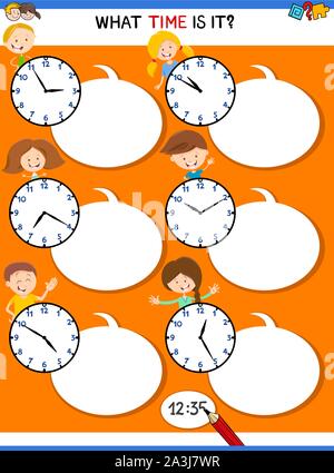 Cartoon Illustrations of Telling Time Educational Activity with Clock Face and Happy Children for Kids Stock Vector