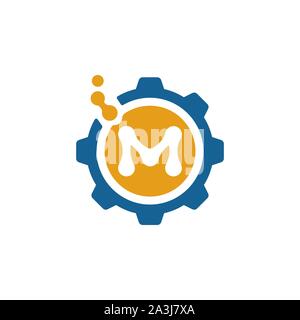 Letter M and gear wheel flat icon, medicine and factory vector illustration isolated on white background. Stock Vector