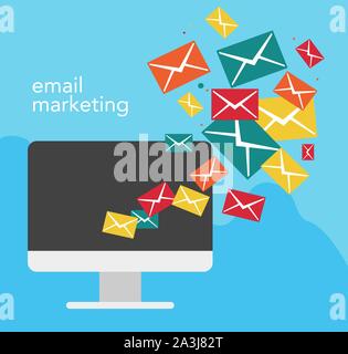 Email marketing concept with a computer and flying letters from it. Stock Vector