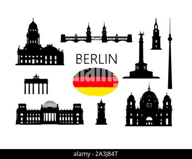 Berlin. Famous tourist places of capital of Germany. Travel Germany set. German building icon silhouette collection. Stock Vector