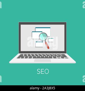 SEO concept illustrated with a help laptop and Internet page on it Stock Vector