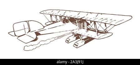Historical biplane seaplane flying away. Illustration after a lithography from the early 20th century Stock Vector