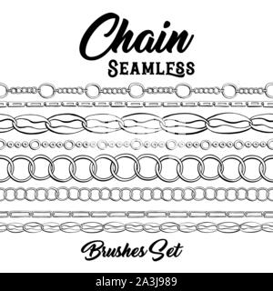 Black chains hand drawn pattern brushes. Vertical bracelets ink pen texture. Monochrome jewellery coloring book or page design. Fashion jewelry contour background. Stock Vector