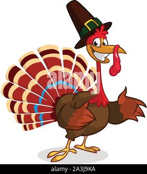 Cartoon turkey in pilgrim hat. Thanksgiving vector illustration isolated on white background Stock Vector
