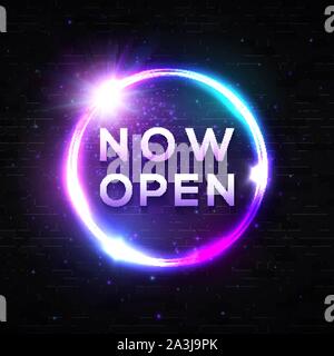 Now Open neon sign on black brick wall. Stock Vector