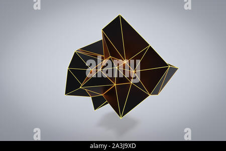 dark polygonal object with orange glowing edges surrounding grey wire mesh, modern chaotic science and tech object in front of grey background Stock Photo