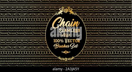 Golden chains seamless brushes. Horizontal bracelets on Black Background. Jewellery Banner with Oval frame, sketch drawing. Fashion jewelry outline. Gold Vector Collection of different chains Stock Vector