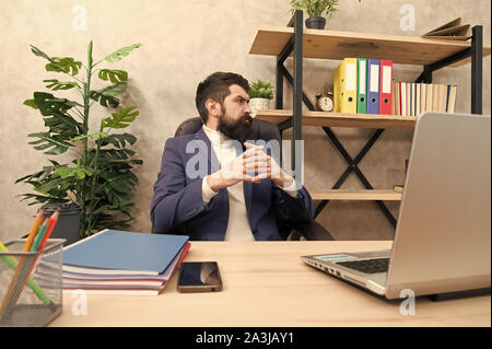 thinking over new business strategy. Planning marketing strategy. Brutal businessman think in office. Mature man use computer. Male boss working. We should use this strategy. Developing new strategy. Stock Photo