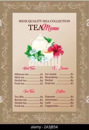 Tea collection, restaurant menu vector template. Cafe drinks and dessert price list. Catering business brochure page with elegant frame. Crockery and flowers hand drawn illustration with typography Stock Vector