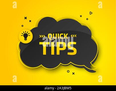 Quick tips, helpful tricks. Banner with useful information. Colorful tooltip, hint for website. Vector icon of solution, advice. Black speech bubble o Stock Vector