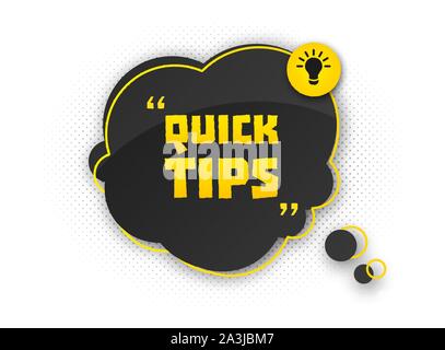 Quick tips, helpful tricks. Banner with useful information. Colorful tooltip, hint for website. Vector icon of solution, advice. Black - yellow speech Stock Vector